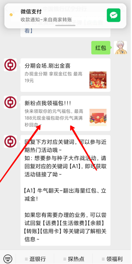 中国银行辽宁分行公众号发红包有小水~