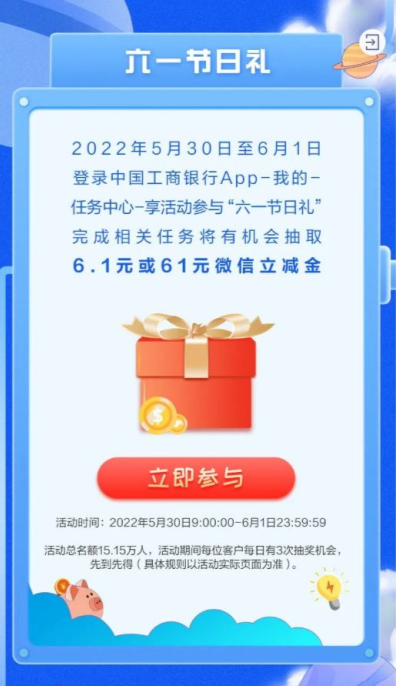 中国工商银行六一节日礼，抽6.1元/61元微信立减金